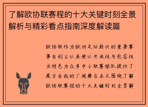 了解欧协联赛程的十大关键时刻全景解析与精彩看点指南深度解读篇