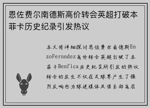 恩佐费尔南德斯高价转会英超打破本菲卡历史纪录引发热议