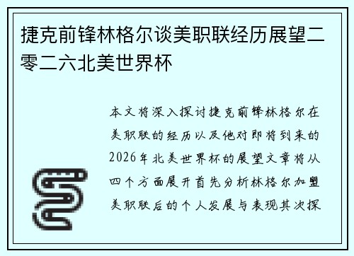 捷克前锋林格尔谈美职联经历展望二零二六北美世界杯 捷克前锋林格尔谈美职联经历展望二零二六北美世界杯