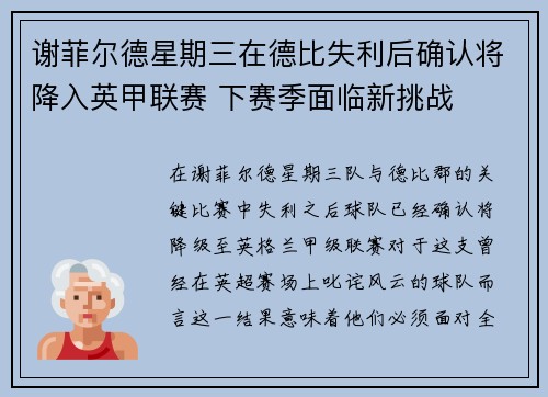 谢菲尔德星期三在德比失利后确认将降入英甲联赛 下赛季面临新挑战 谢菲尔德星期三在德比失利后确认将降入英甲联赛 下赛季面临新挑战